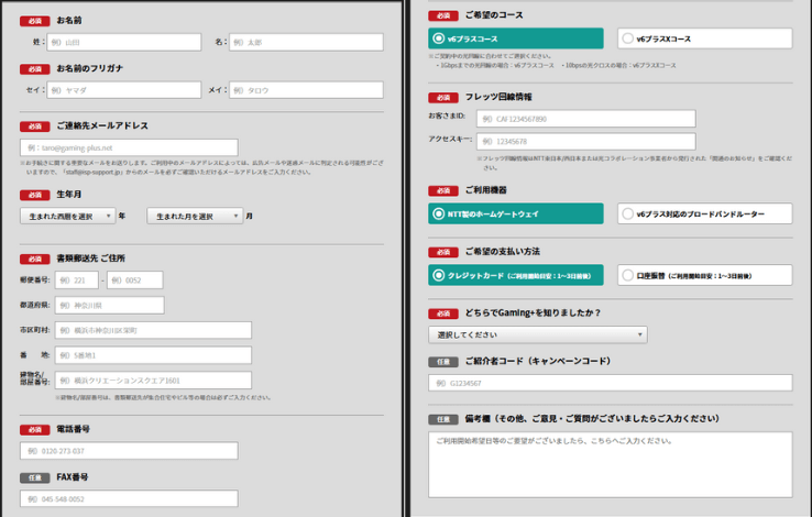 Gaming+ ユーザー情報を入力